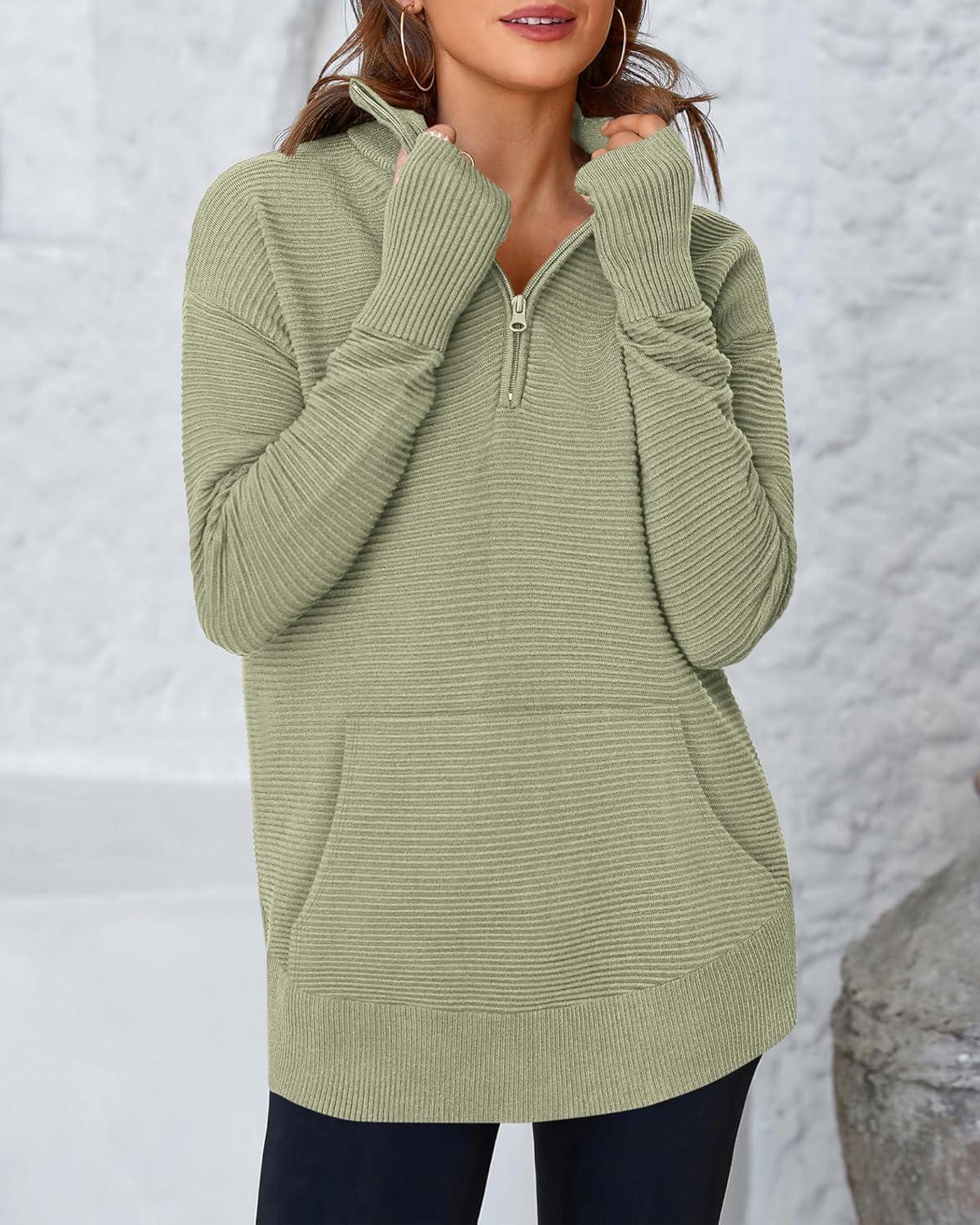 imageBTFBM Sweaters for Women Fall Clothes 2025 Pocket Quarter Zip Pullover V Neck Long Sleeve Knit Trendy Winter SweaterLight Green