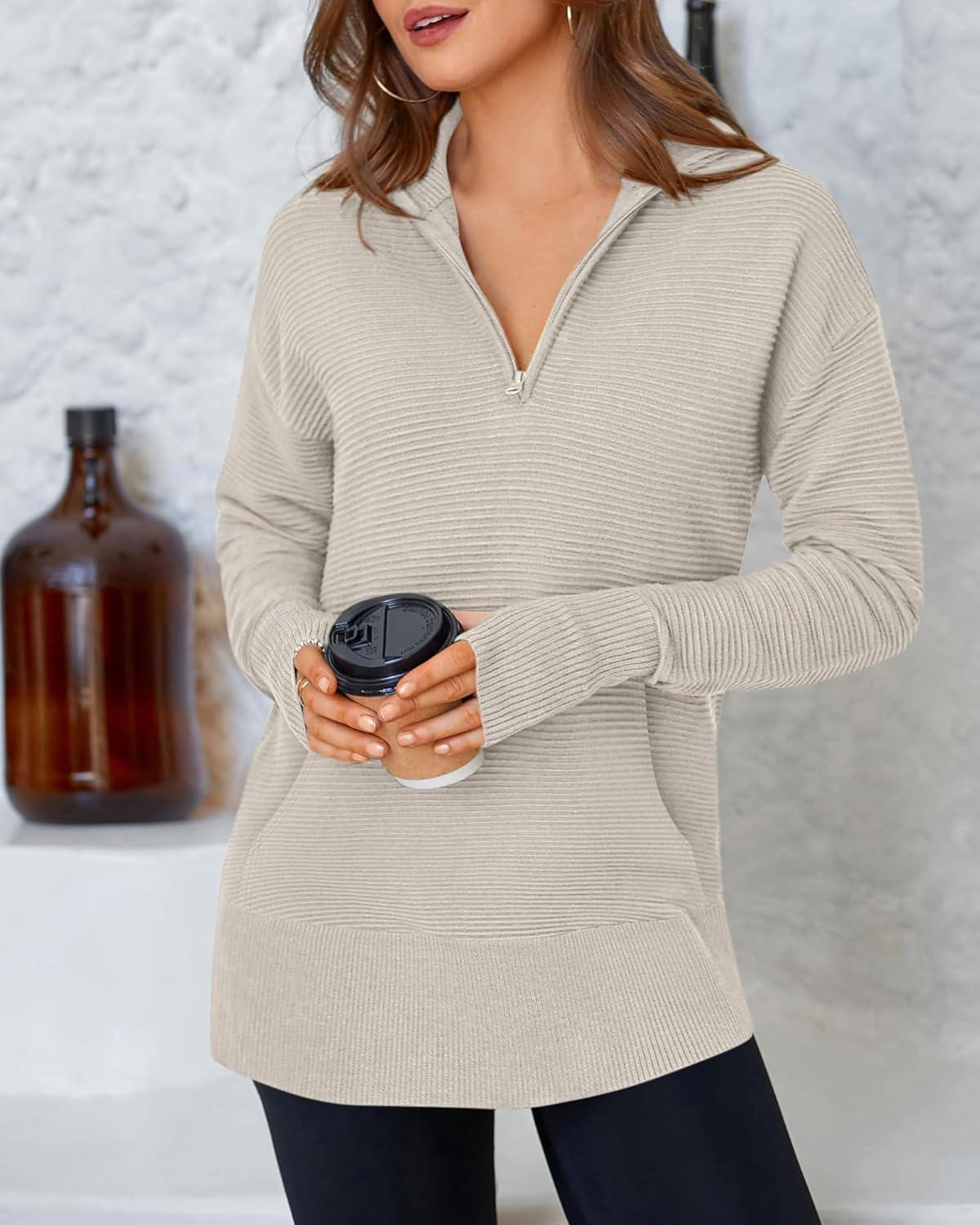 imageBTFBM Sweaters for Women Fall Clothes 2025 Pocket Quarter Zip Pullover V Neck Long Sleeve Knit Trendy Winter SweaterLight Grey