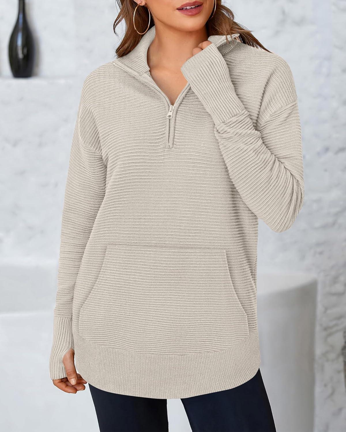 imageBTFBM Sweaters for Women Fall Clothes 2025 Pocket Quarter Zip Pullover V Neck Long Sleeve Knit Trendy Winter SweaterLight Grey