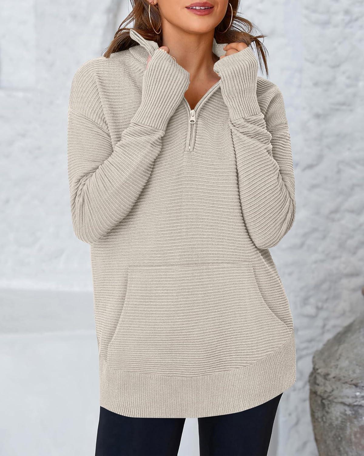 imageBTFBM Sweaters for Women Fall Clothes 2025 Pocket Quarter Zip Pullover V Neck Long Sleeve Knit Trendy Winter SweaterLight Grey