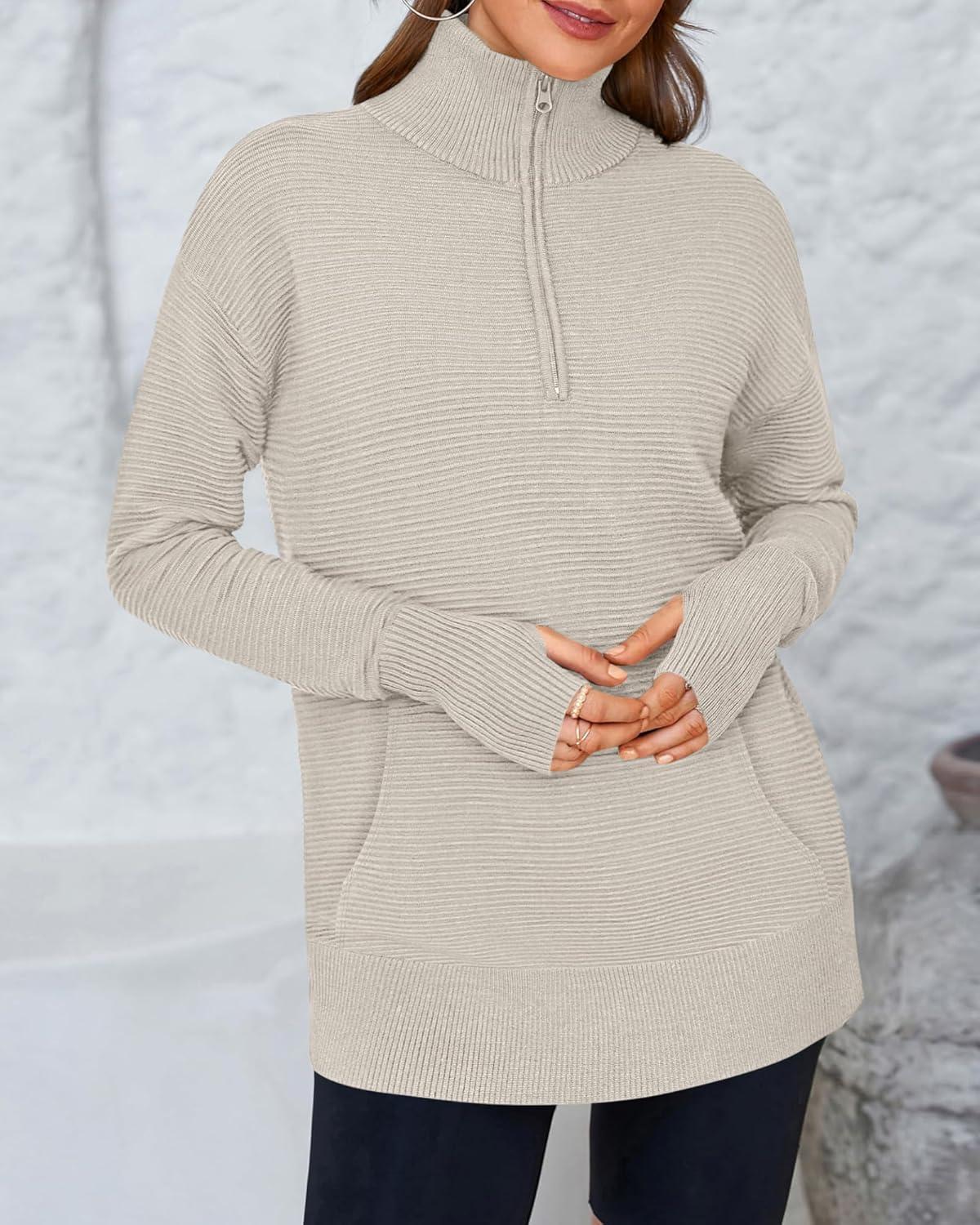imageBTFBM Sweaters for Women Fall Clothes 2025 Pocket Quarter Zip Pullover V Neck Long Sleeve Knit Trendy Winter SweaterLight Grey