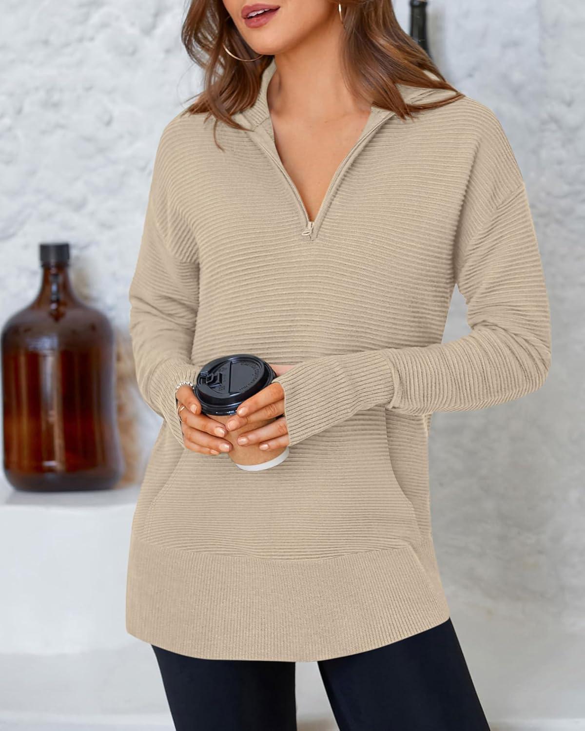 imageBTFBM Sweaters for Women Fall Clothes 2025 Pocket Quarter Zip Pullover V Neck Long Sleeve Knit Trendy Winter SweaterLight Khaki