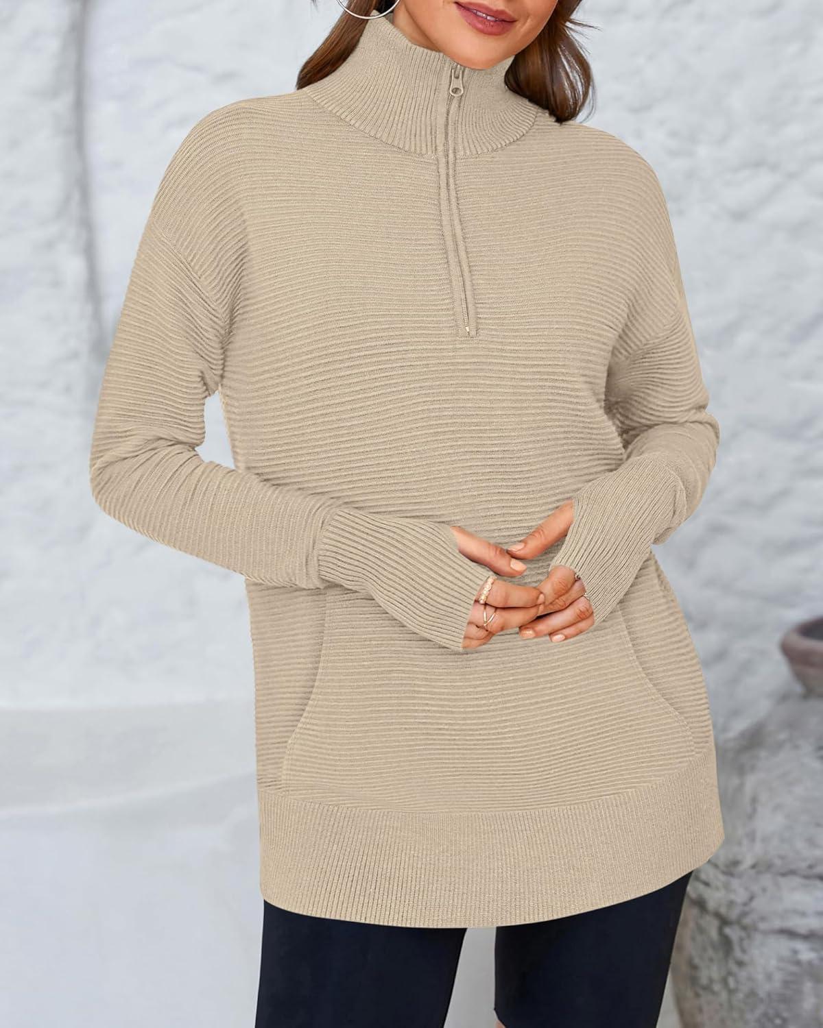 imageBTFBM Sweaters for Women Fall Clothes 2025 Pocket Quarter Zip Pullover V Neck Long Sleeve Knit Trendy Winter SweaterLight Khaki