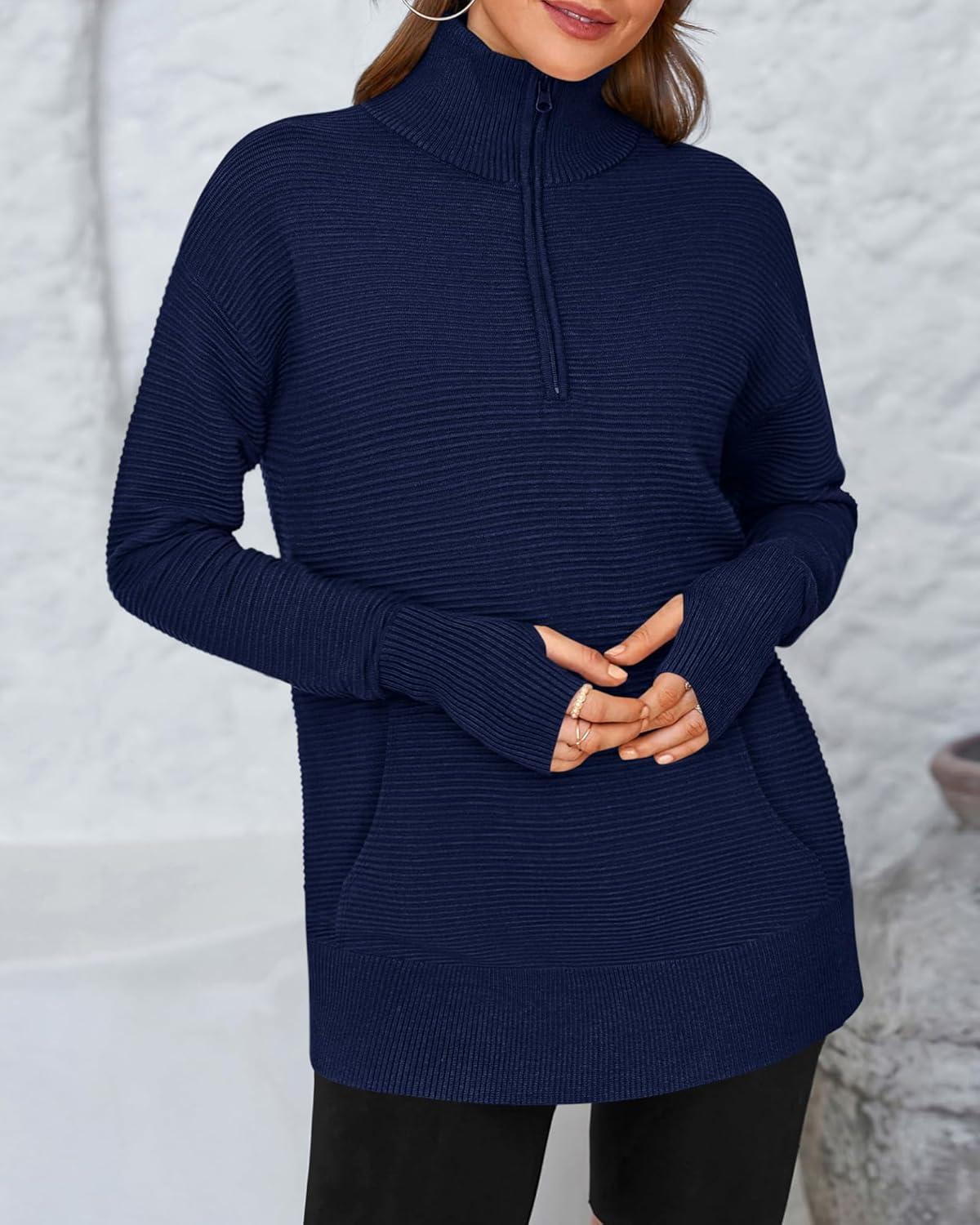 imageBTFBM Sweaters for Women Fall Clothes 2025 Pocket Quarter Zip Pullover V Neck Long Sleeve Knit Trendy Winter SweaterNavy Blue