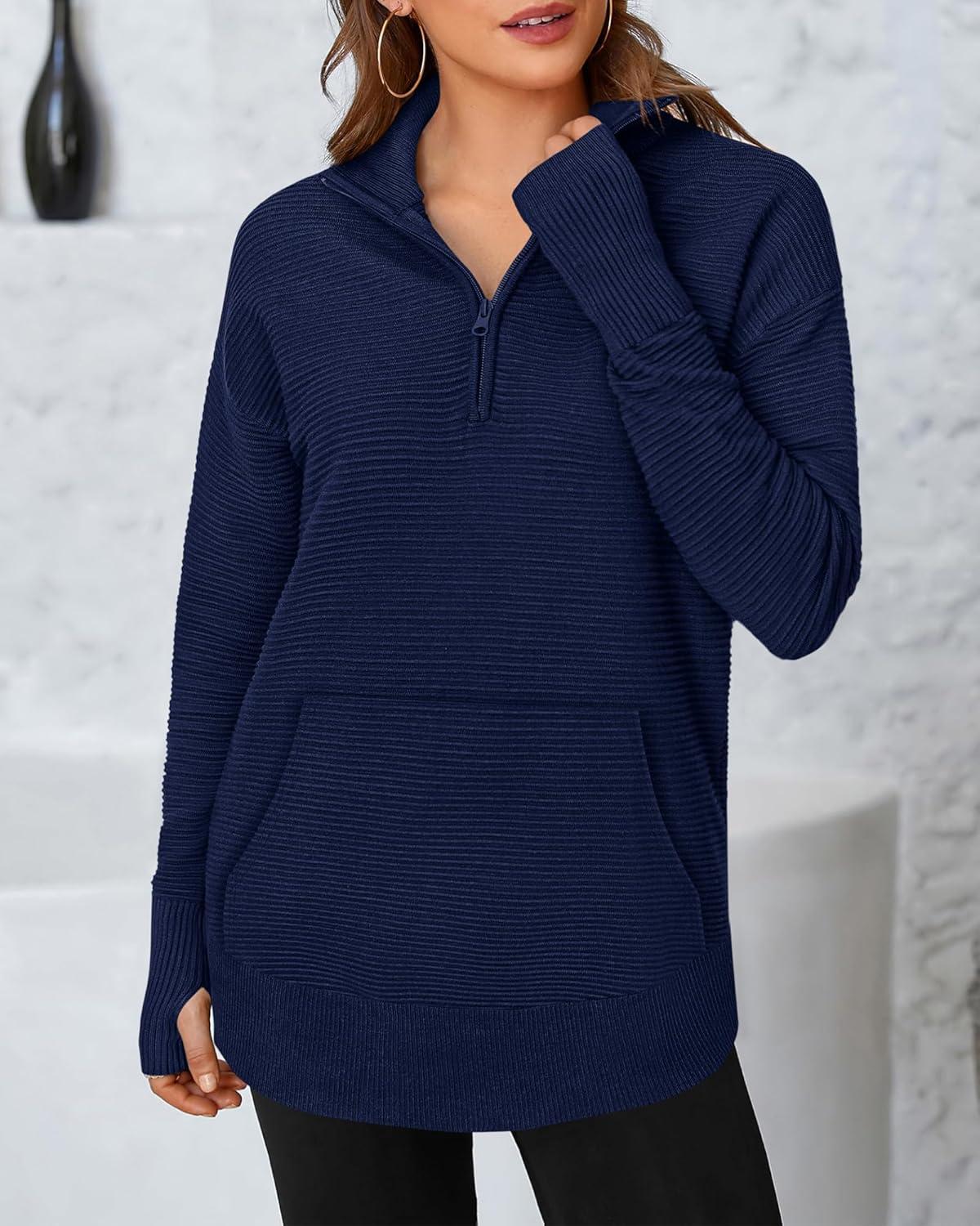imageBTFBM Sweaters for Women Fall Clothes 2025 Pocket Quarter Zip Pullover V Neck Long Sleeve Knit Trendy Winter SweaterNavy Blue