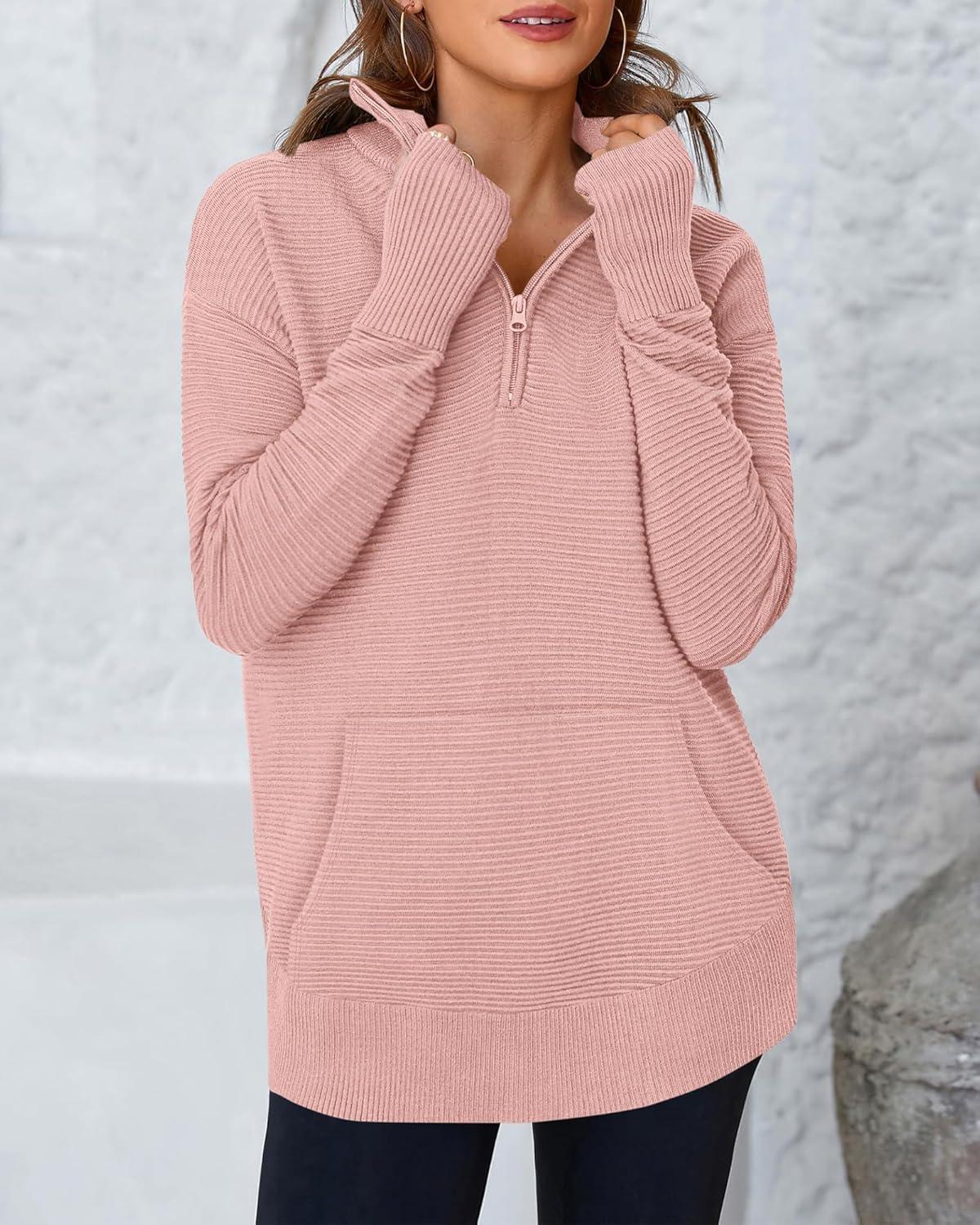 imageBTFBM Sweaters for Women Fall Clothes 2025 Pocket Quarter Zip Pullover V Neck Long Sleeve Knit Trendy Winter SweaterPink