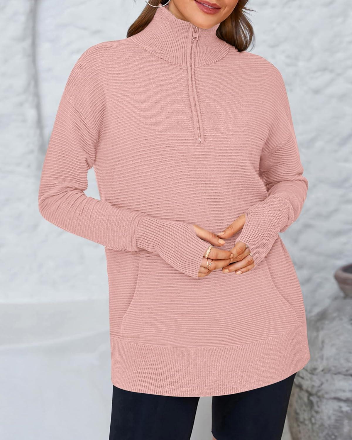 imageBTFBM Sweaters for Women Fall Clothes 2025 Pocket Quarter Zip Pullover V Neck Long Sleeve Knit Trendy Winter SweaterPink