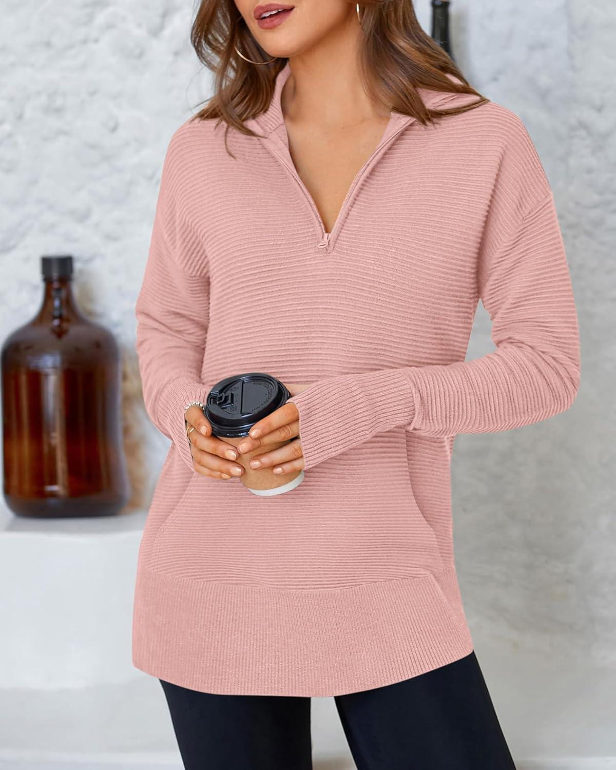 imageBTFBM Sweaters for Women Fall Clothes 2025 Pocket Quarter Zip Pullover V Neck Long Sleeve Knit Trendy Winter SweaterPink