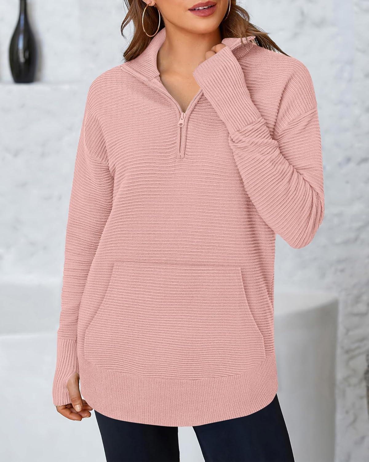 imageBTFBM Sweaters for Women Fall Clothes 2025 Pocket Quarter Zip Pullover V Neck Long Sleeve Knit Trendy Winter SweaterPink