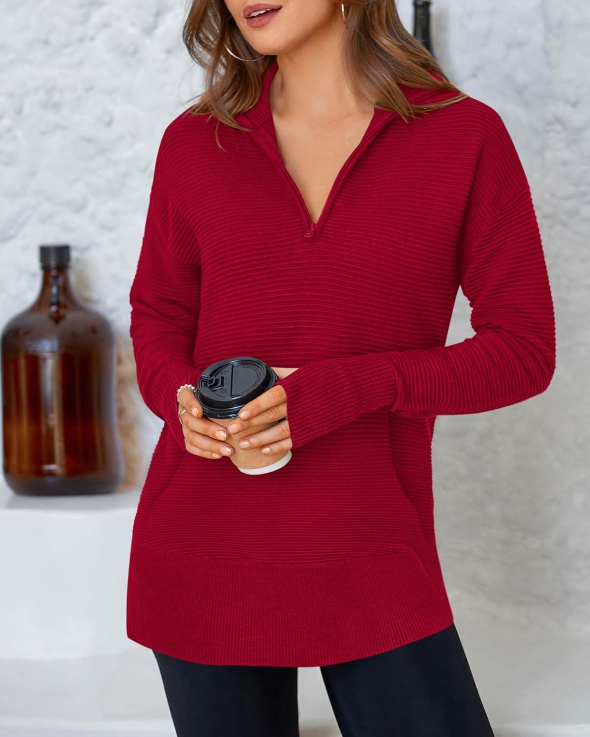 imageBTFBM Sweaters for Women Fall Clothes 2025 Pocket Quarter Zip Pullover V Neck Long Sleeve Knit Trendy Winter SweaterRed