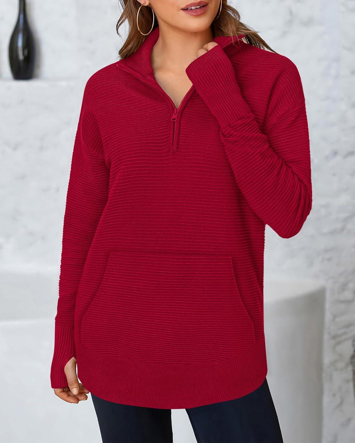 imageBTFBM Sweaters for Women Fall Clothes 2025 Pocket Quarter Zip Pullover V Neck Long Sleeve Knit Trendy Winter SweaterRed