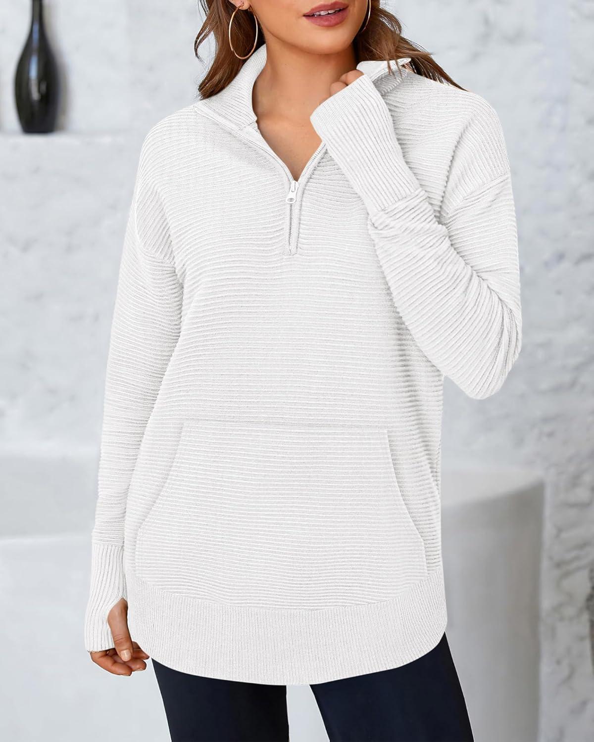 imageBTFBM Sweaters for Women Fall Clothes 2025 Pocket Quarter Zip Pullover V Neck Long Sleeve Knit Trendy Winter SweaterWhite