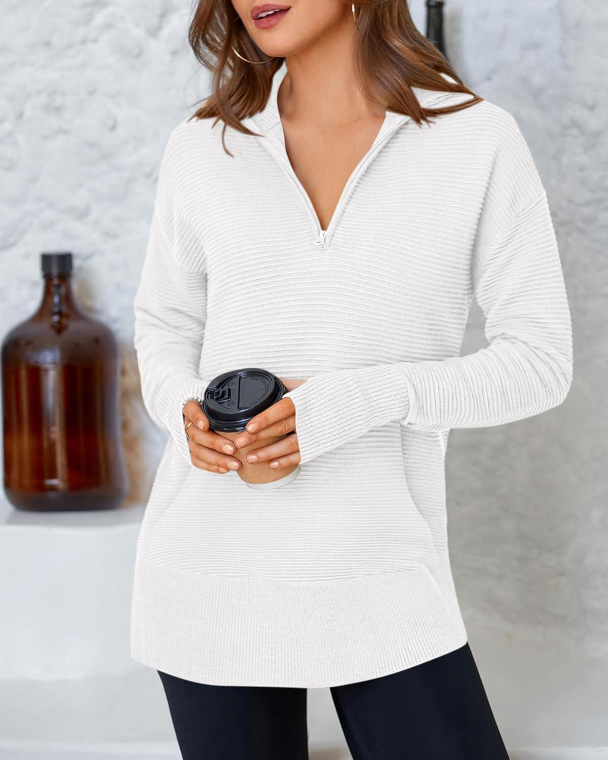 imageBTFBM Sweaters for Women Fall Clothes 2025 Pocket Quarter Zip Pullover V Neck Long Sleeve Knit Trendy Winter SweaterWhite