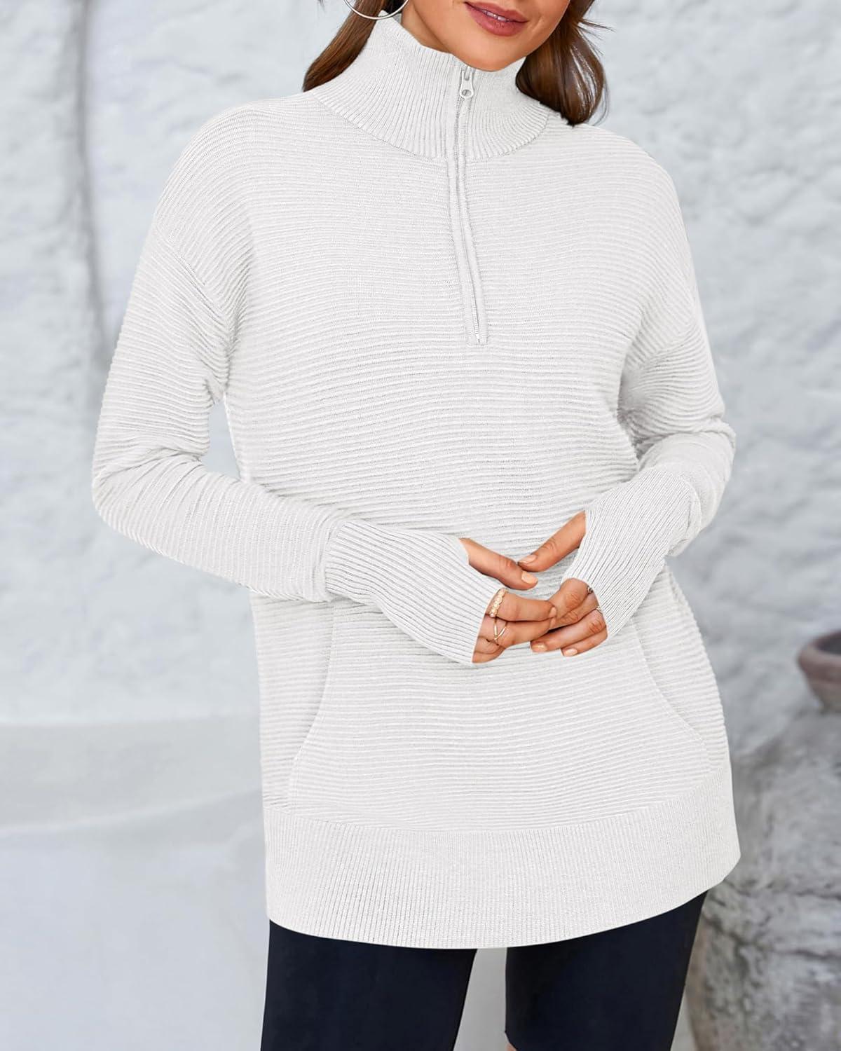 imageBTFBM Sweaters for Women Fall Clothes 2025 Pocket Quarter Zip Pullover V Neck Long Sleeve Knit Trendy Winter SweaterWhite