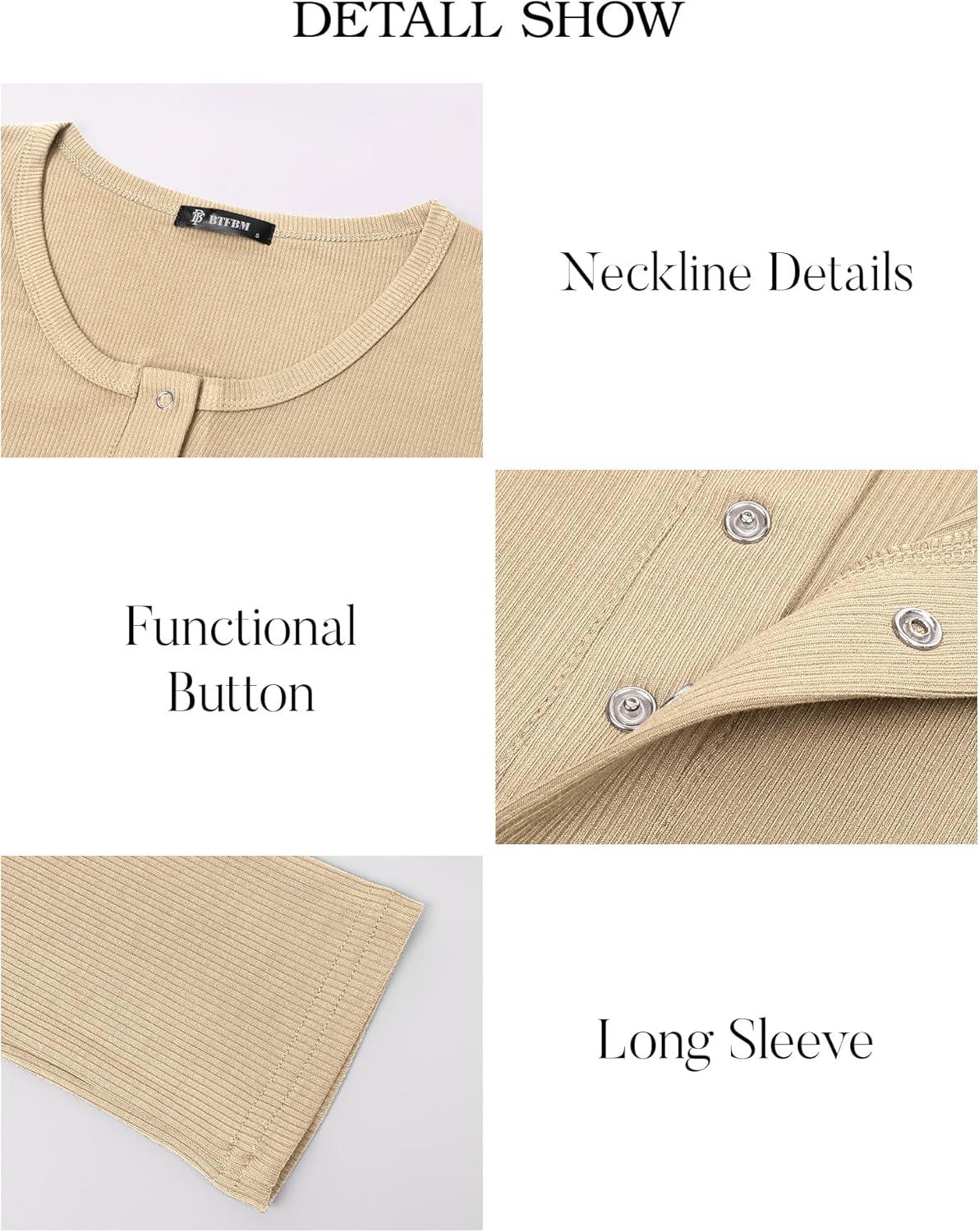 imageBTFBM Women Long Sleeve Shirts Fall Tops V Neck Button Up Slim Fit Ribbed Knit Solid Color Casual Shirts 2025Apricot