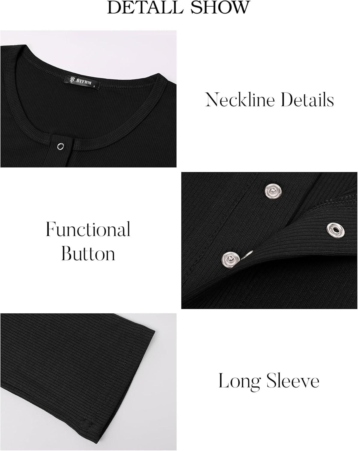 imageBTFBM Women Long Sleeve Shirts Fall Tops V Neck Button Up Slim Fit Ribbed Knit Solid Color Casual Shirts 2025Black
