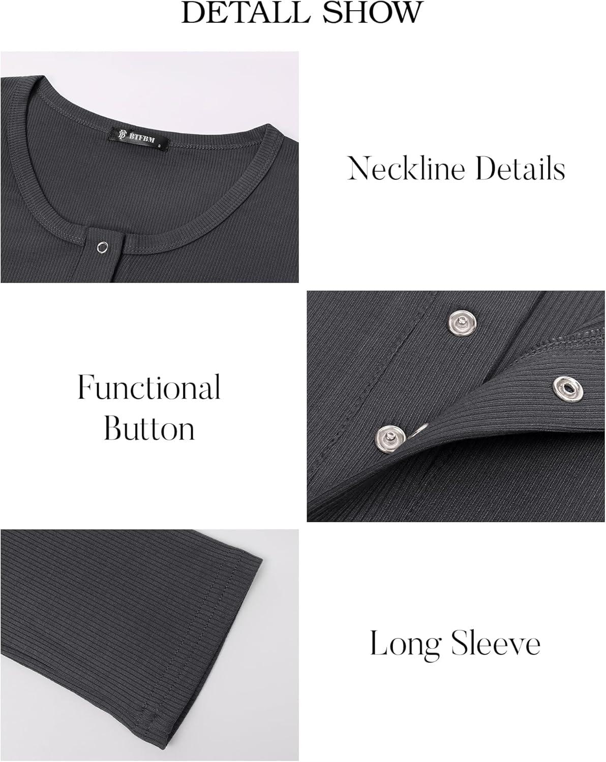 imageBTFBM Women Long Sleeve Shirts Fall Tops V Neck Button Up Slim Fit Ribbed Knit Solid Color Casual Shirts 2025Black Grey