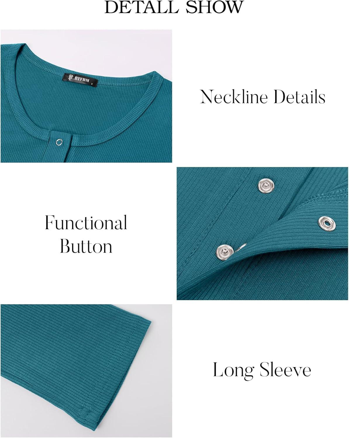 imageBTFBM Women Long Sleeve Shirts Fall Tops V Neck Button Up Slim Fit Ribbed Knit Solid Color Casual Shirts 2025Blue Green