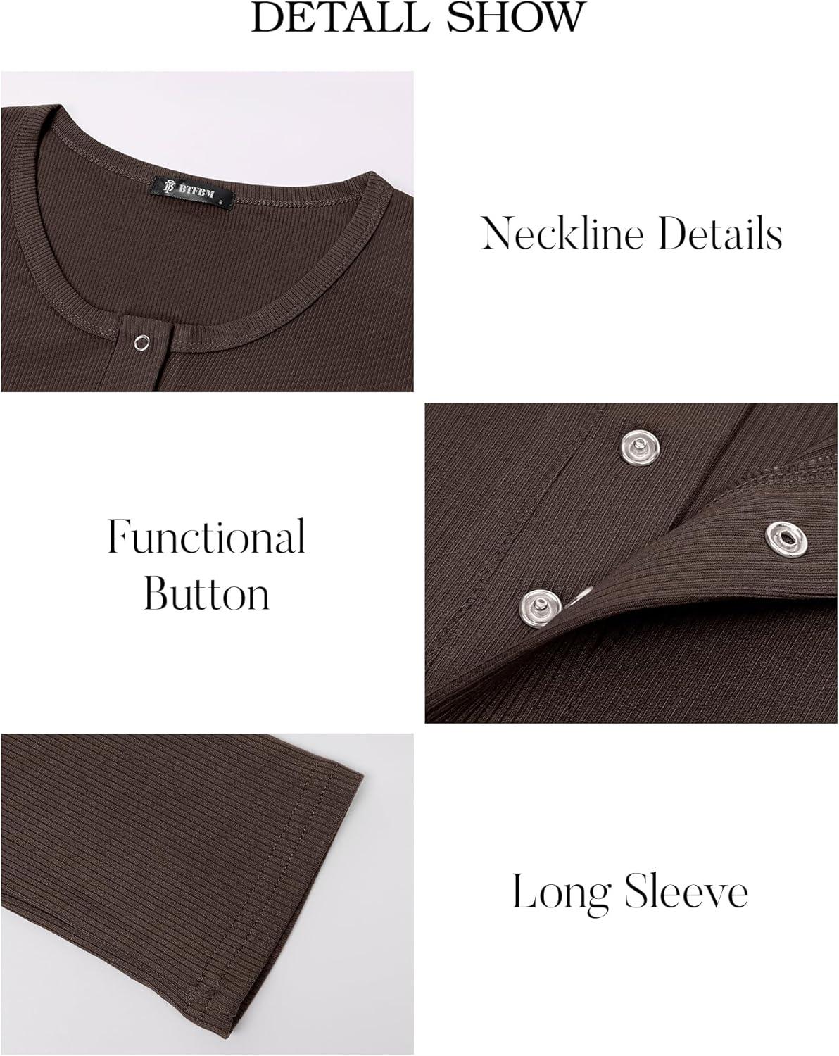 imageBTFBM Women Long Sleeve Shirts Fall Tops V Neck Button Up Slim Fit Ribbed Knit Solid Color Casual Shirts 2025Coffee