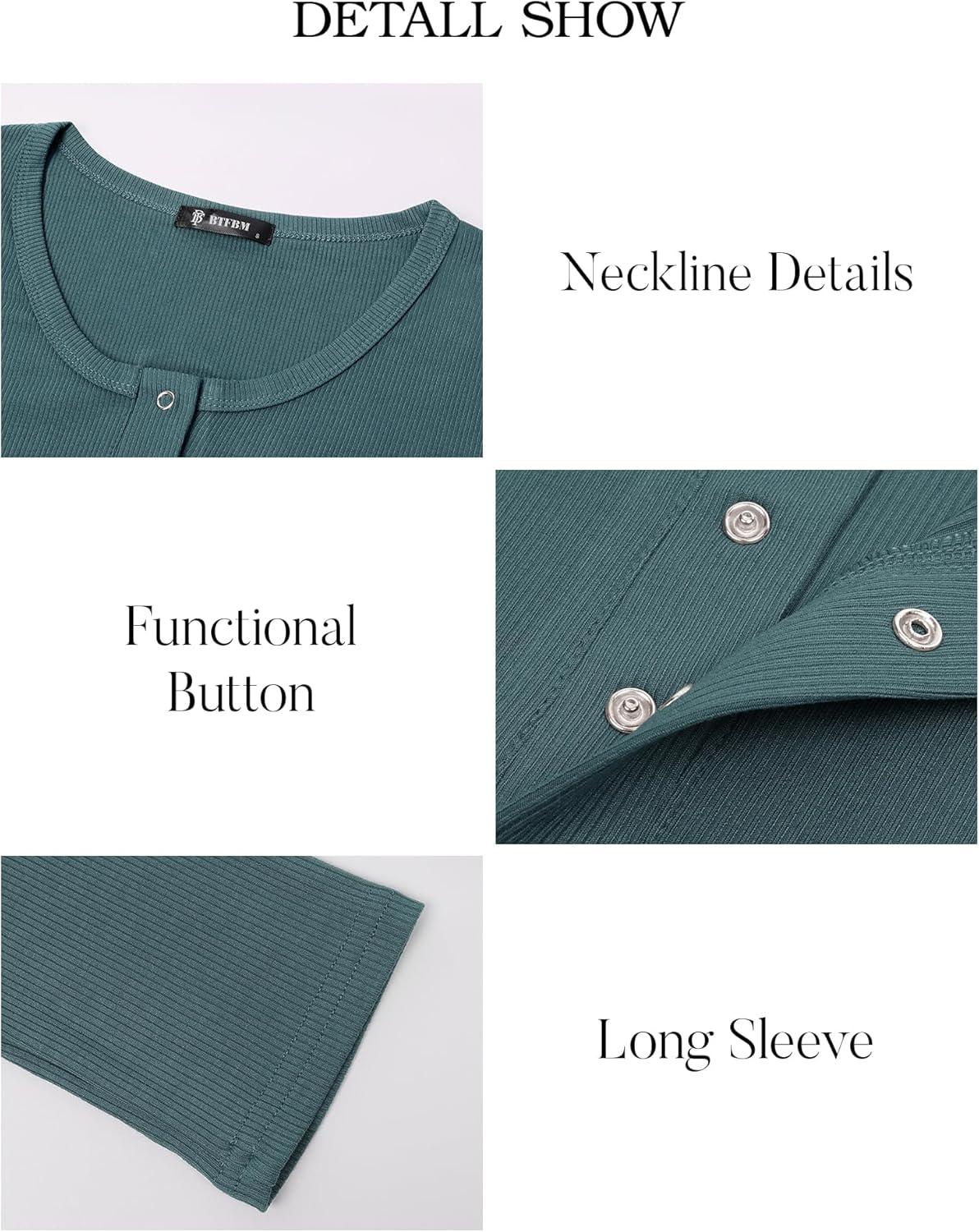 imageBTFBM Women Long Sleeve Shirts Fall Tops V Neck Button Up Slim Fit Ribbed Knit Solid Color Casual Shirts 2025Dark Grey Blue