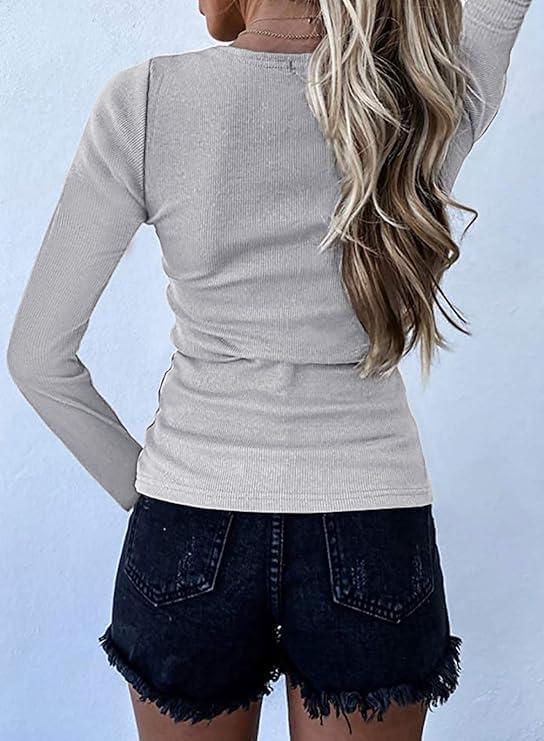 imageBTFBM Women Long Sleeve Shirts Fall Tops V Neck Button Up Slim Fit Ribbed Knit Solid Color Casual Shirts 2025Grey
