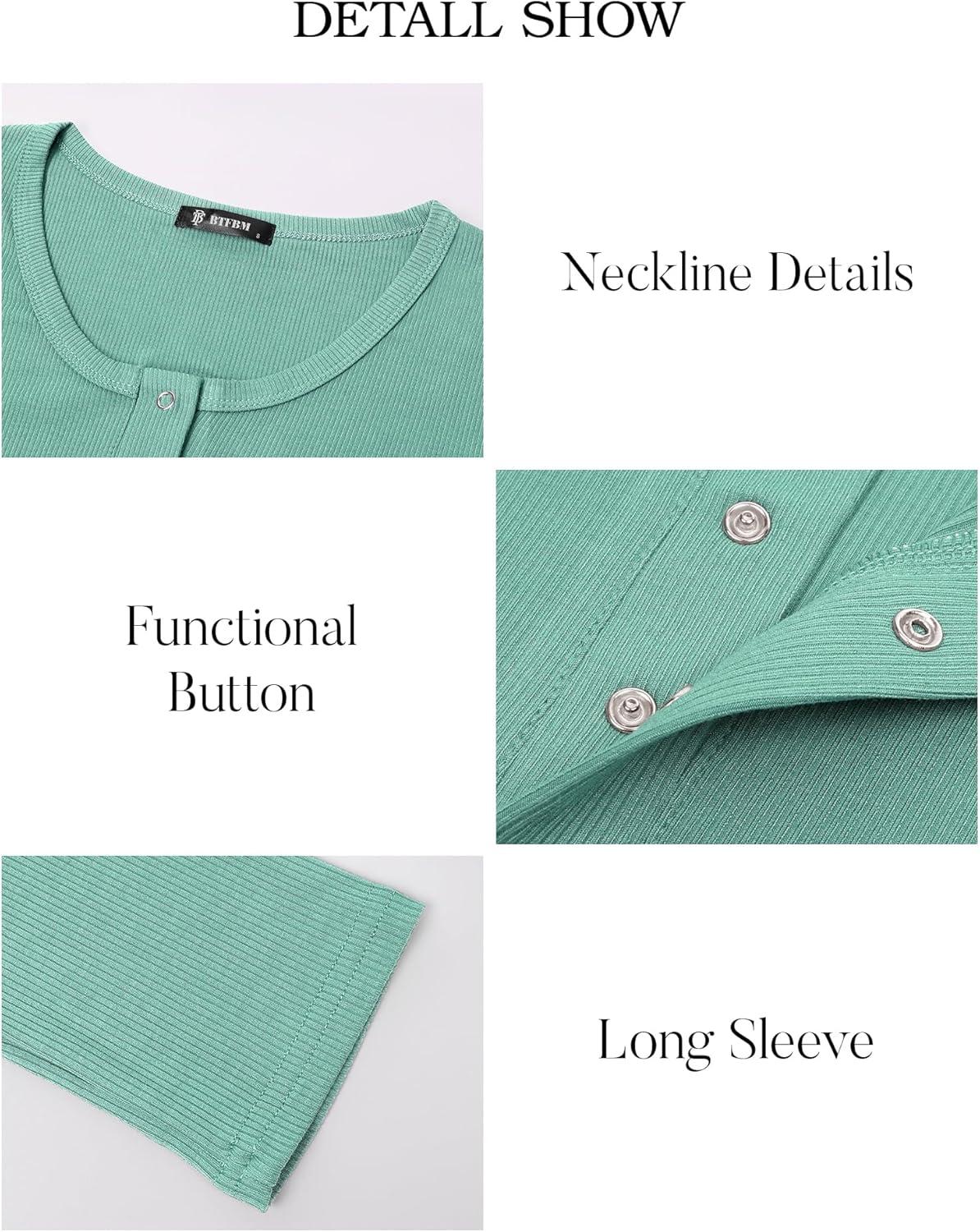 imageBTFBM Women Long Sleeve Shirts Fall Tops V Neck Button Up Slim Fit Ribbed Knit Solid Color Casual Shirts 2025Mint Green