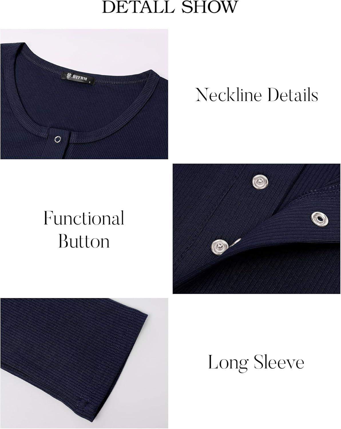 imageBTFBM Women Long Sleeve Shirts Fall Tops V Neck Button Up Slim Fit Ribbed Knit Solid Color Casual Shirts 2025Navy