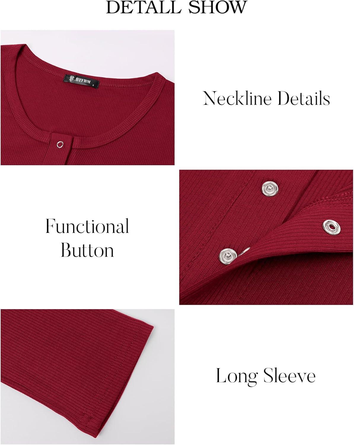 imageBTFBM Women Long Sleeve Shirts Fall Tops V Neck Button Up Slim Fit Ribbed Knit Solid Color Casual Shirts 2025Red