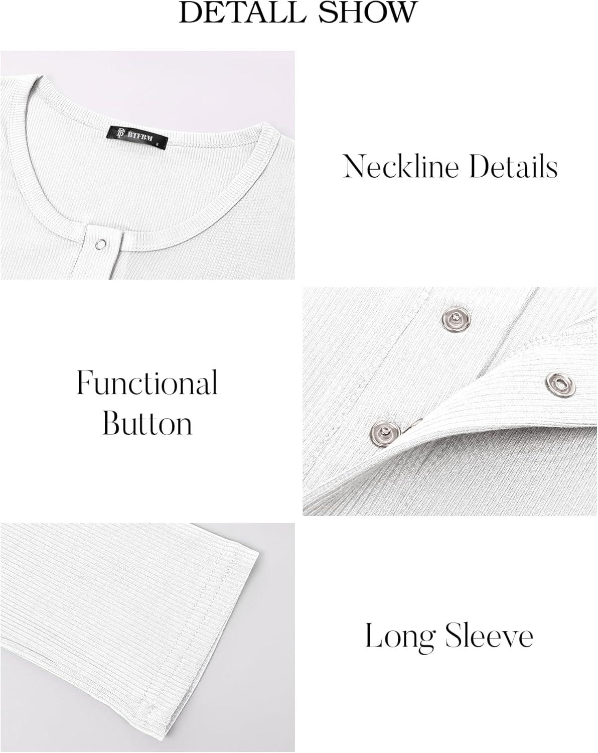 imageBTFBM Women Long Sleeve Shirts Fall Tops V Neck Button Up Slim Fit Ribbed Knit Solid Color Casual Shirts 2025White
