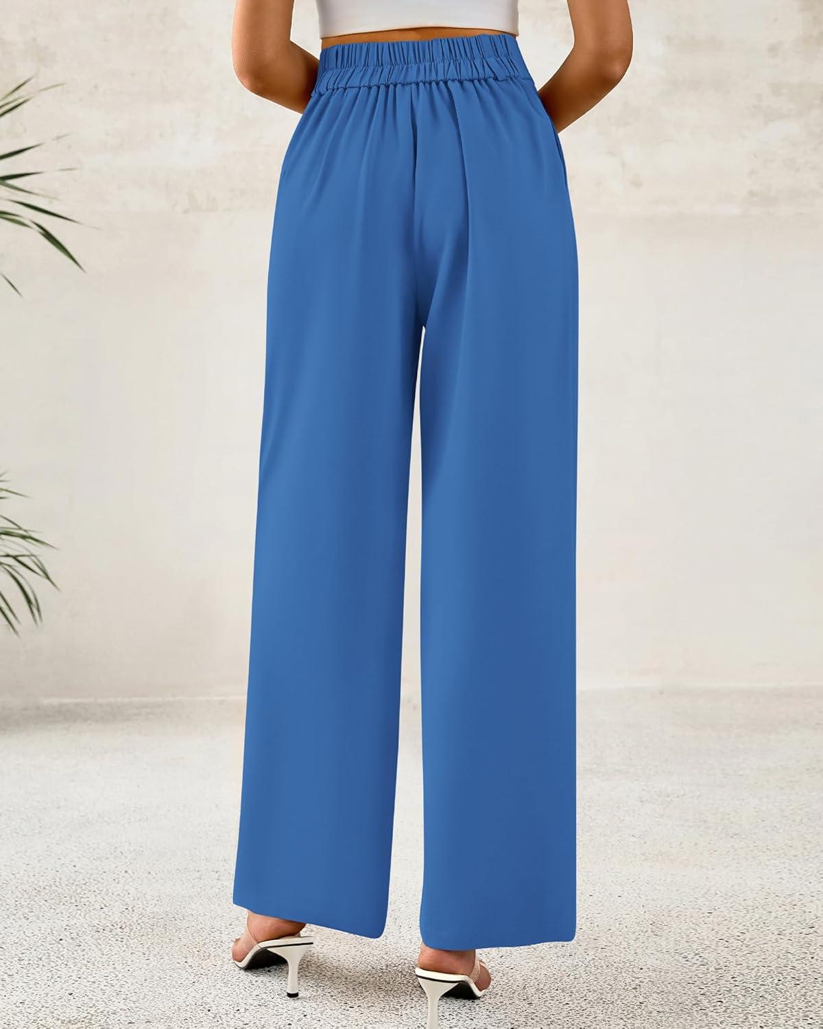 imageBTFBM Women Wide Leg Dress Pants 2025 High Waisted Button Pleated Business Casual Trousers Office Work Palazzo PantsBlue