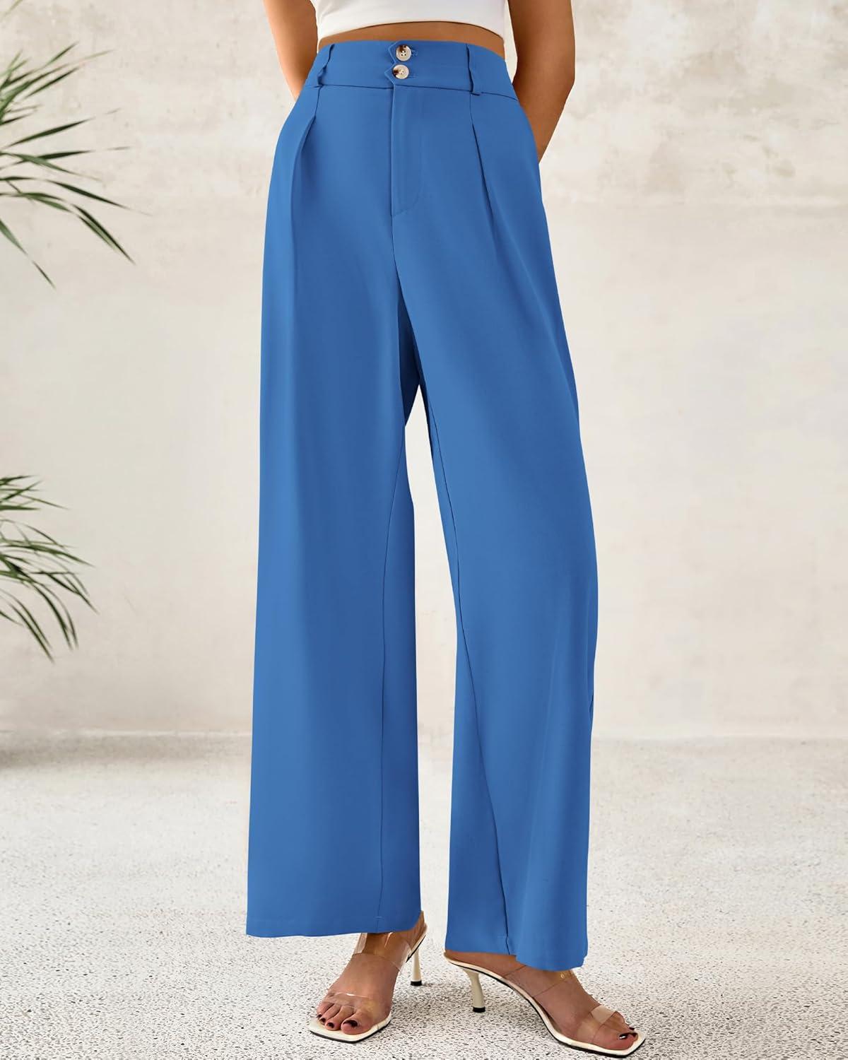 imageBTFBM Women Wide Leg Dress Pants 2025 High Waisted Button Pleated Business Casual Trousers Office Work Palazzo PantsBlue