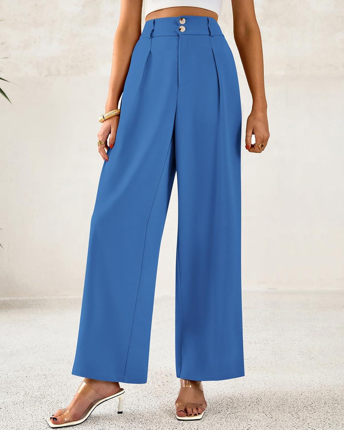 imageBTFBM Women Wide Leg Dress Pants 2025 High Waisted Button Pleated Business Casual Trousers Office Work Palazzo PantsBlue
