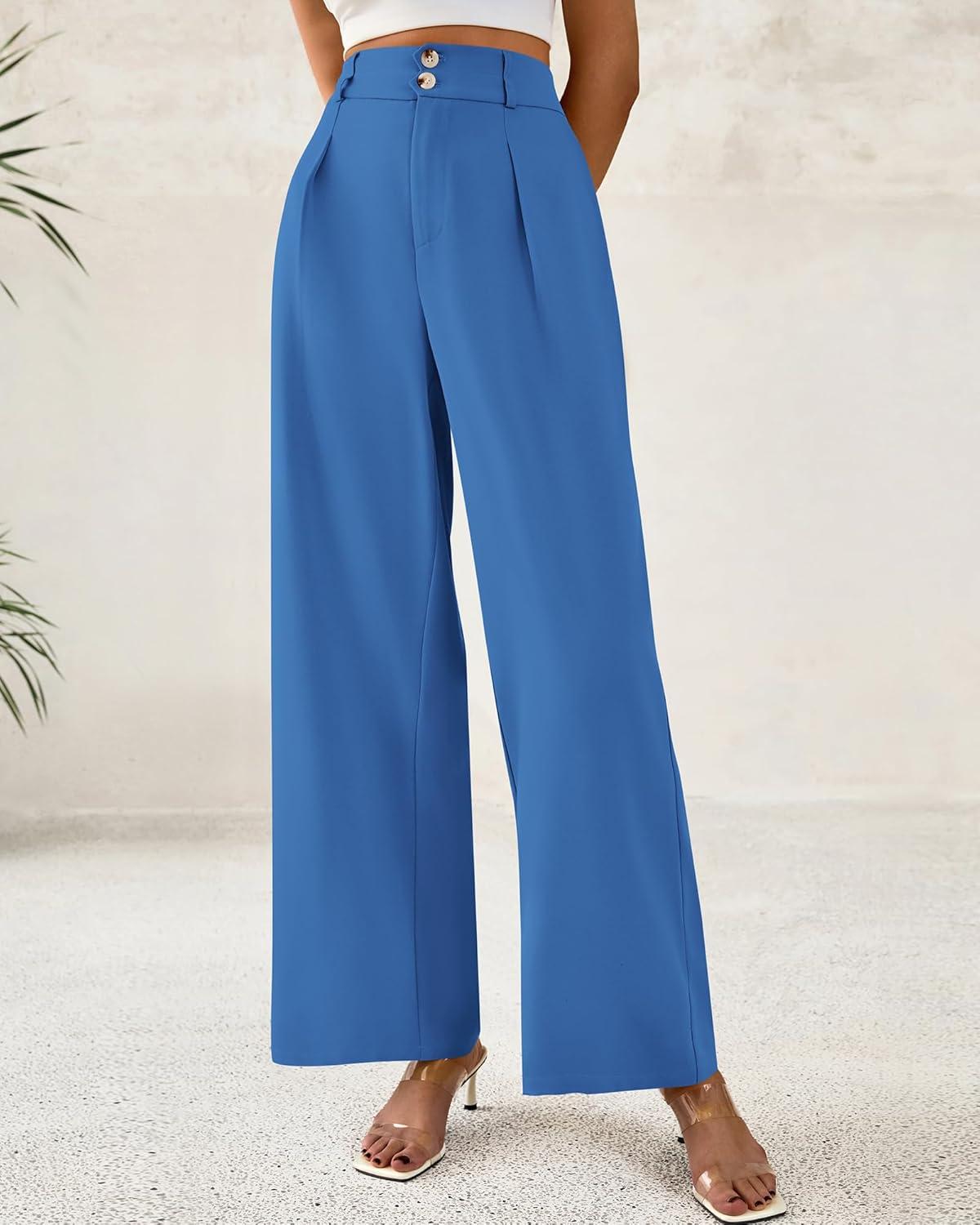 imageBTFBM Women Wide Leg Dress Pants 2025 High Waisted Button Pleated Business Casual Trousers Office Work Palazzo PantsBlue