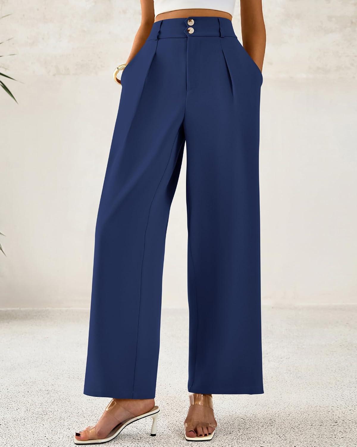 imageBTFBM Women Wide Leg Dress Pants 2025 High Waisted Button Pleated Business Casual Trousers Office Work Palazzo PantsDark Blue