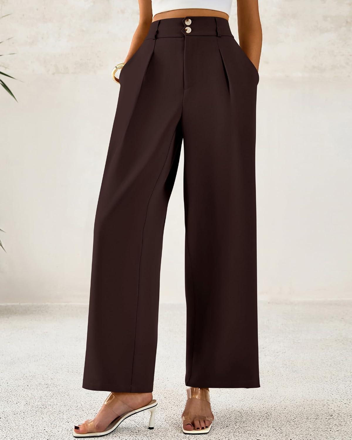 imageBTFBM Women Wide Leg Dress Pants 2025 High Waisted Button Pleated Business Casual Trousers Office Work Palazzo PantsDark Brown