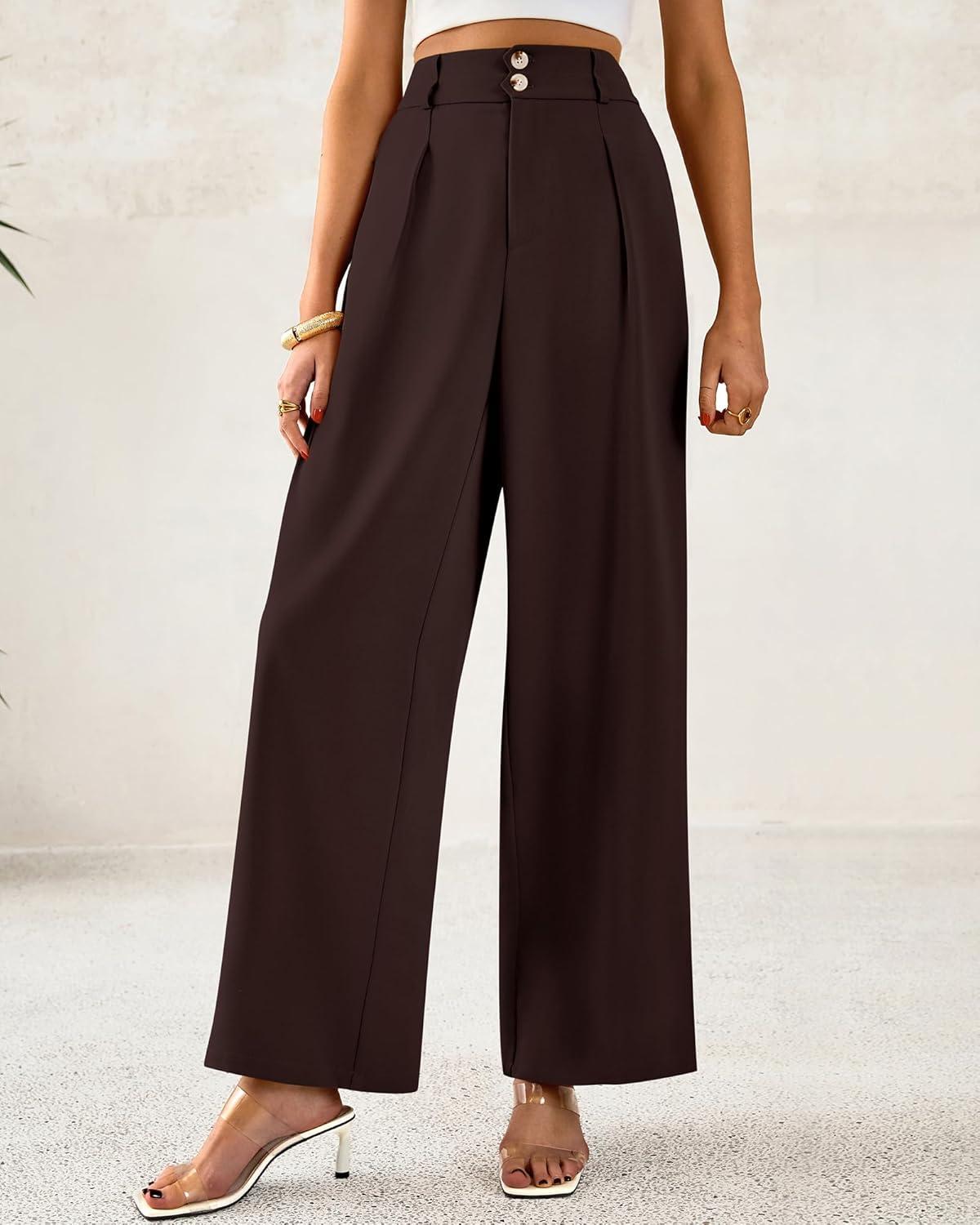 imageBTFBM Women Wide Leg Dress Pants 2025 High Waisted Button Pleated Business Casual Trousers Office Work Palazzo PantsDark Brown