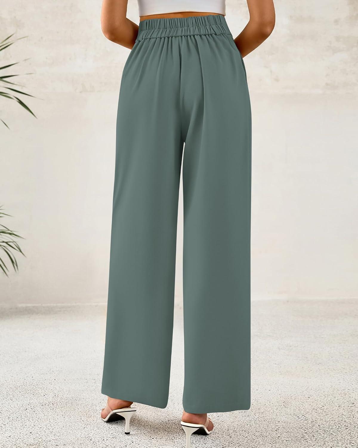 imageBTFBM Women Wide Leg Dress Pants 2025 High Waisted Button Pleated Business Casual Trousers Office Work Palazzo PantsGrey Green