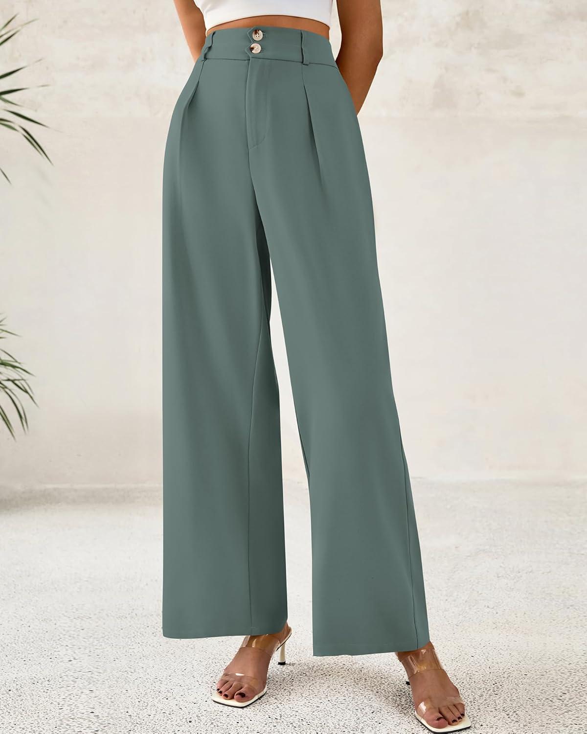 imageBTFBM Women Wide Leg Dress Pants 2025 High Waisted Button Pleated Business Casual Trousers Office Work Palazzo PantsGrey Green