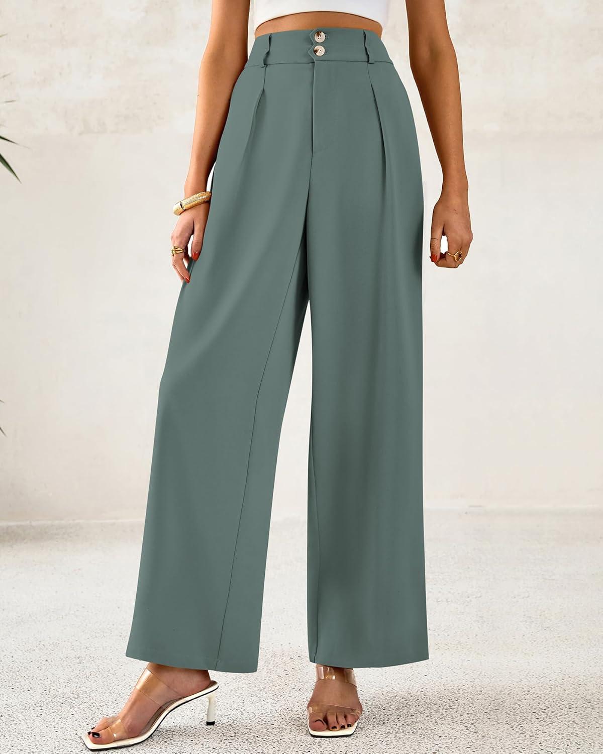 imageBTFBM Women Wide Leg Dress Pants 2025 High Waisted Button Pleated Business Casual Trousers Office Work Palazzo PantsGrey Green