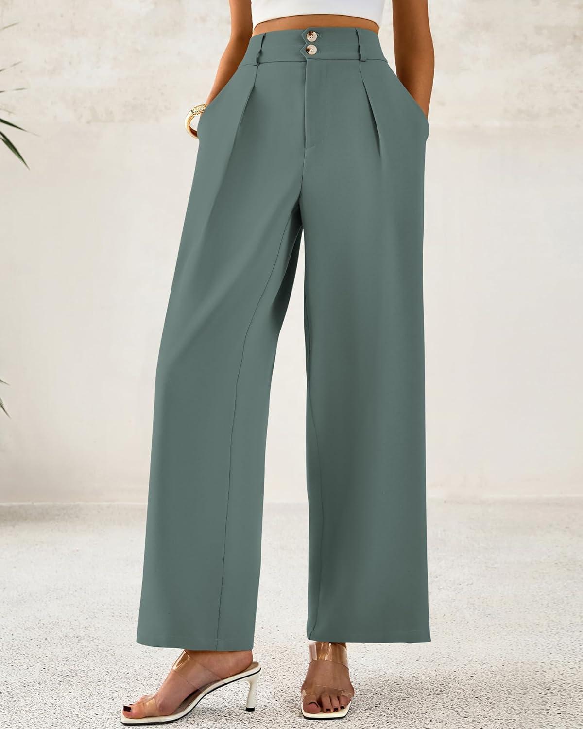 imageBTFBM Women Wide Leg Dress Pants 2025 High Waisted Button Pleated Business Casual Trousers Office Work Palazzo PantsGrey Green