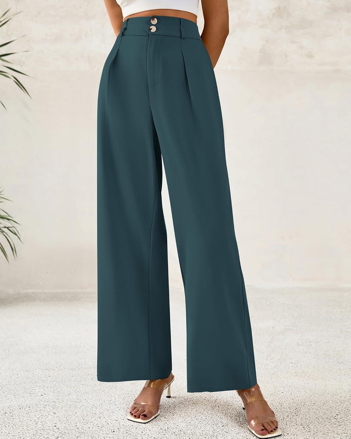 imageBTFBM Women Wide Leg Dress Pants 2025 High Waisted Button Pleated Business Casual Trousers Office Work Palazzo PantsTeal