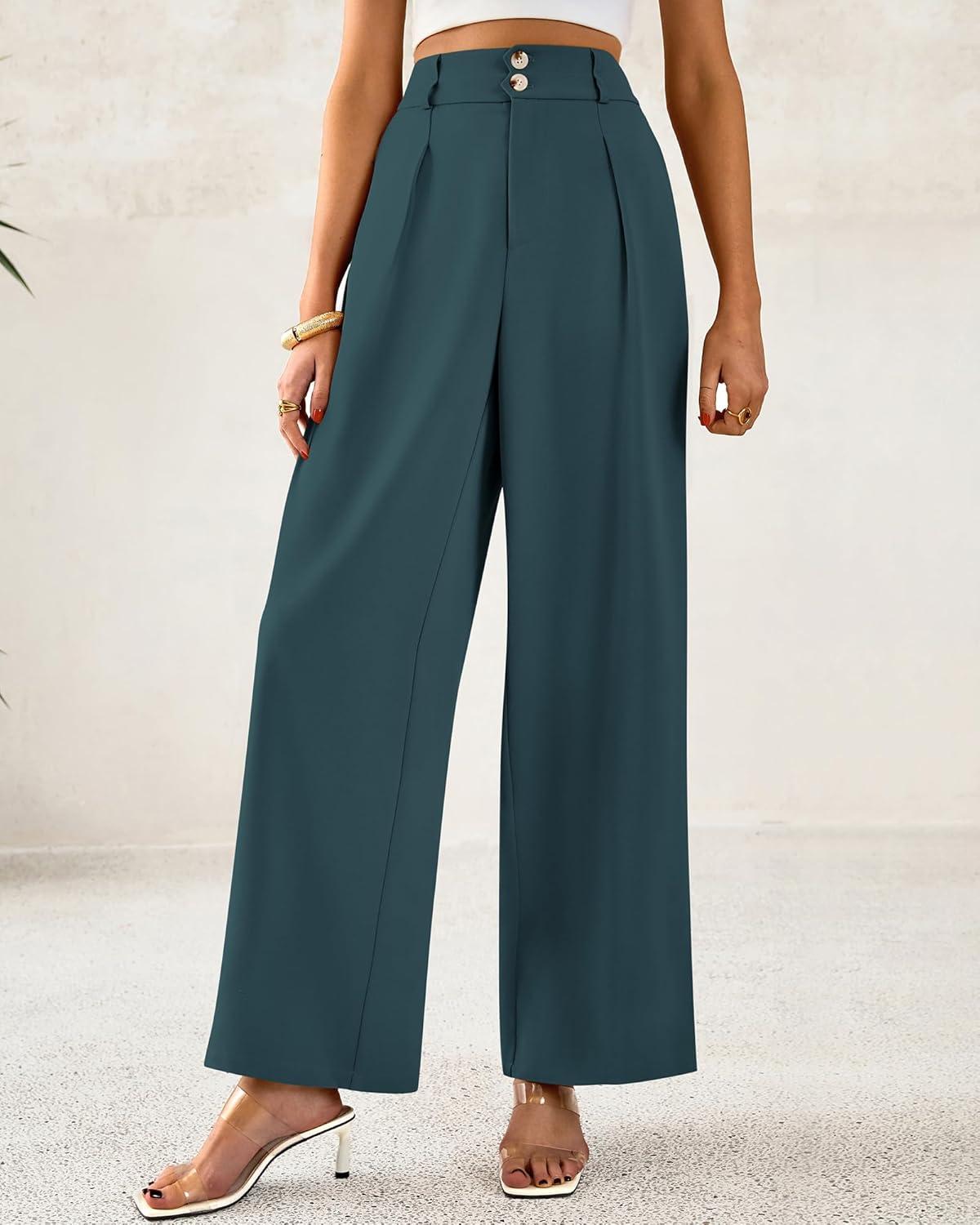 imageBTFBM Women Wide Leg Dress Pants 2025 High Waisted Button Pleated Business Casual Trousers Office Work Palazzo PantsTeal