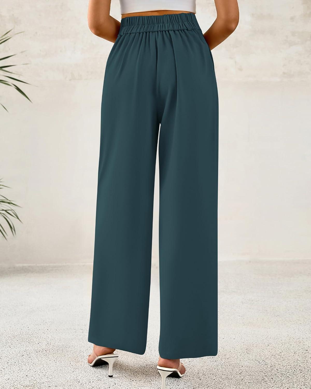 imageBTFBM Women Wide Leg Dress Pants 2025 High Waisted Button Pleated Business Casual Trousers Office Work Palazzo PantsTeal