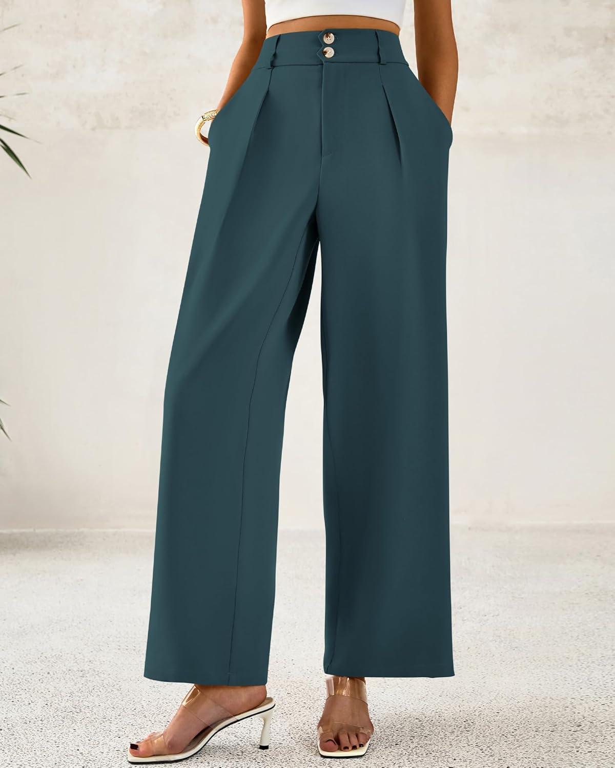 imageBTFBM Women Wide Leg Dress Pants 2025 High Waisted Button Pleated Business Casual Trousers Office Work Palazzo PantsTeal