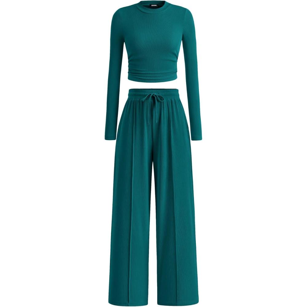 imageBTFBM Casual 2 Piece Sets For Women Fall Outfits 2025 Ribbed Long Sleeve Crop Top Wide Leg Pants Matching Lounge SetBlue Green