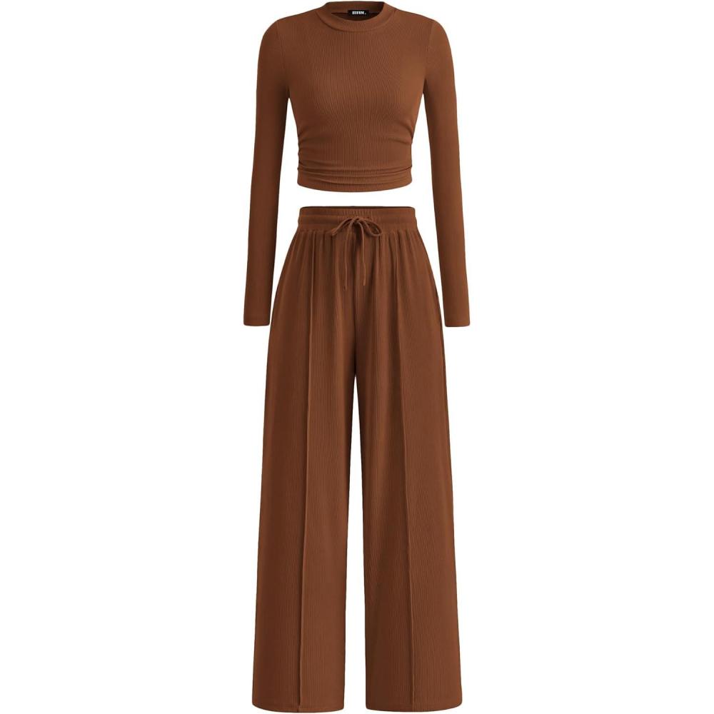 imageBTFBM Casual 2 Piece Sets For Women Fall Outfits 2025 Ribbed Long Sleeve Crop Top Wide Leg Pants Matching Lounge SetBrown