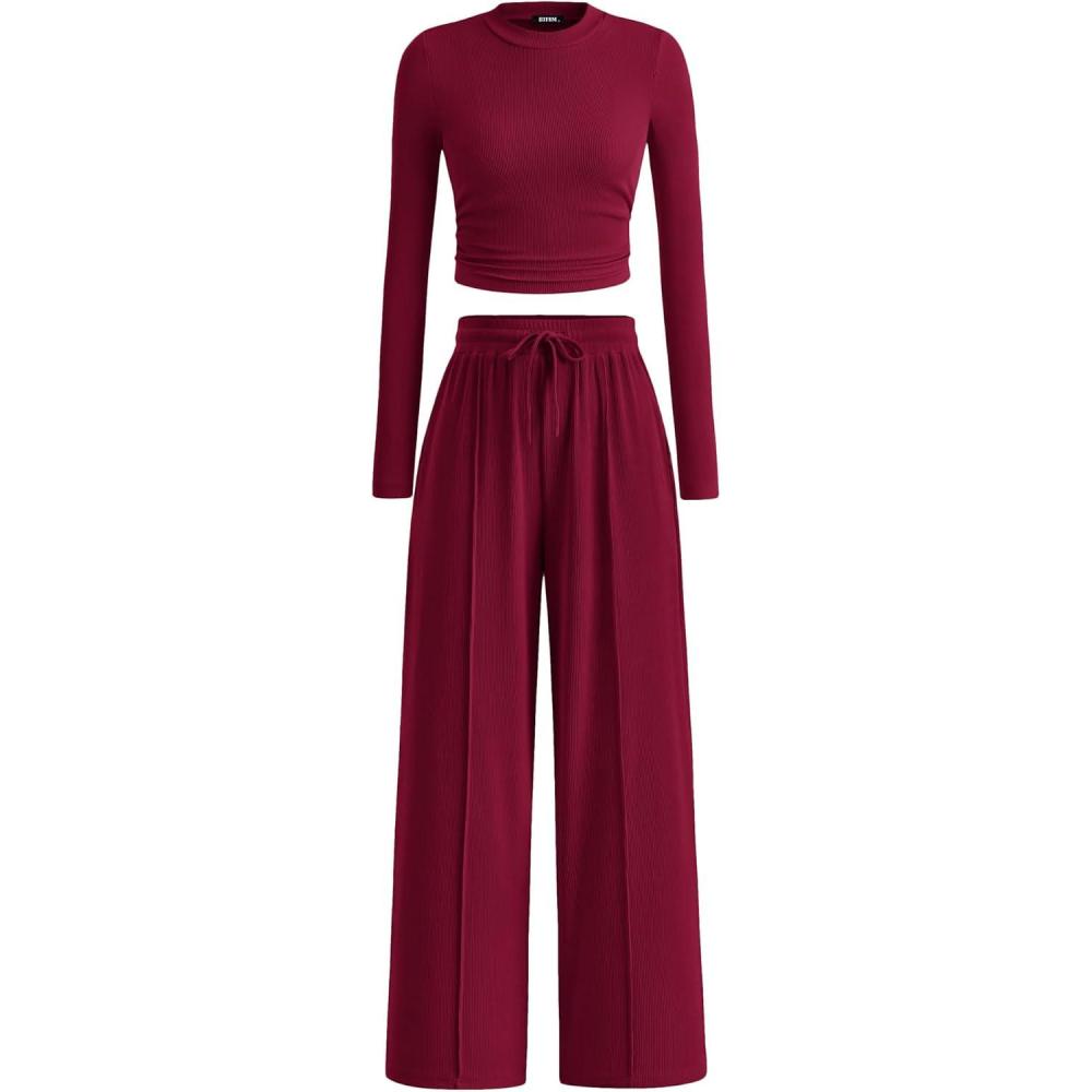 imageBTFBM Casual 2 Piece Sets For Women Fall Outfits 2025 Ribbed Long Sleeve Crop Top Wide Leg Pants Matching Lounge SetBurgundy