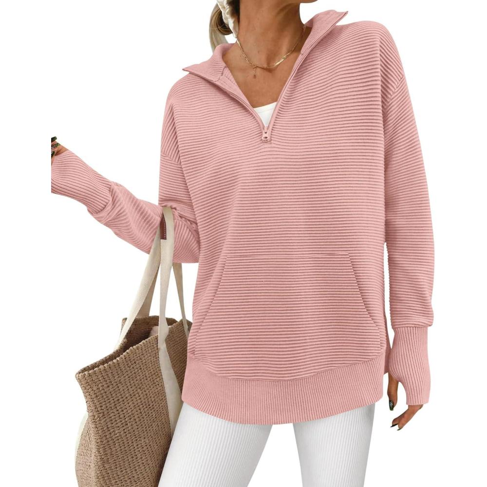 imageBTFBM Sweaters for Women Fall Clothes 2025 Pocket Quarter Zip Pullover V Neck Long Sleeve Knit Trendy Winter SweaterPink