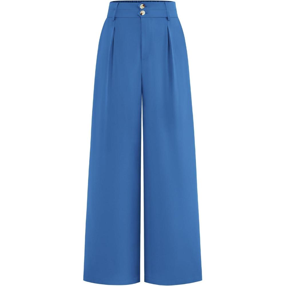 imageBTFBM Women Wide Leg Dress Pants 2025 High Waisted Button Pleated Business Casual Trousers Office Work Palazzo PantsBlue