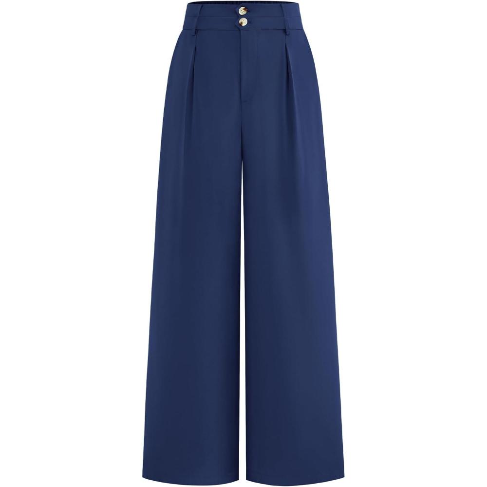 imageBTFBM Women Wide Leg Dress Pants 2025 High Waisted Button Pleated Business Casual Trousers Office Work Palazzo PantsDark Blue